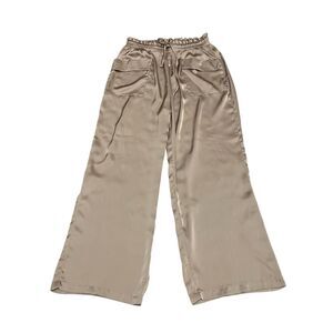 Jodifl Womens Elastic Waist Drawstring Pull-on Satin Wide Leg Pants Taupe Small